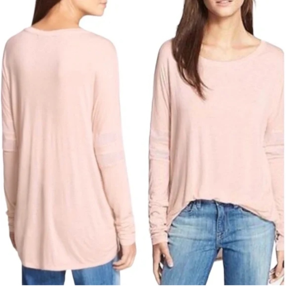 Vince. Light Pink Long Sleeve T-Shirt Top Tee Crewneck Mesh Stripe Arm Detail